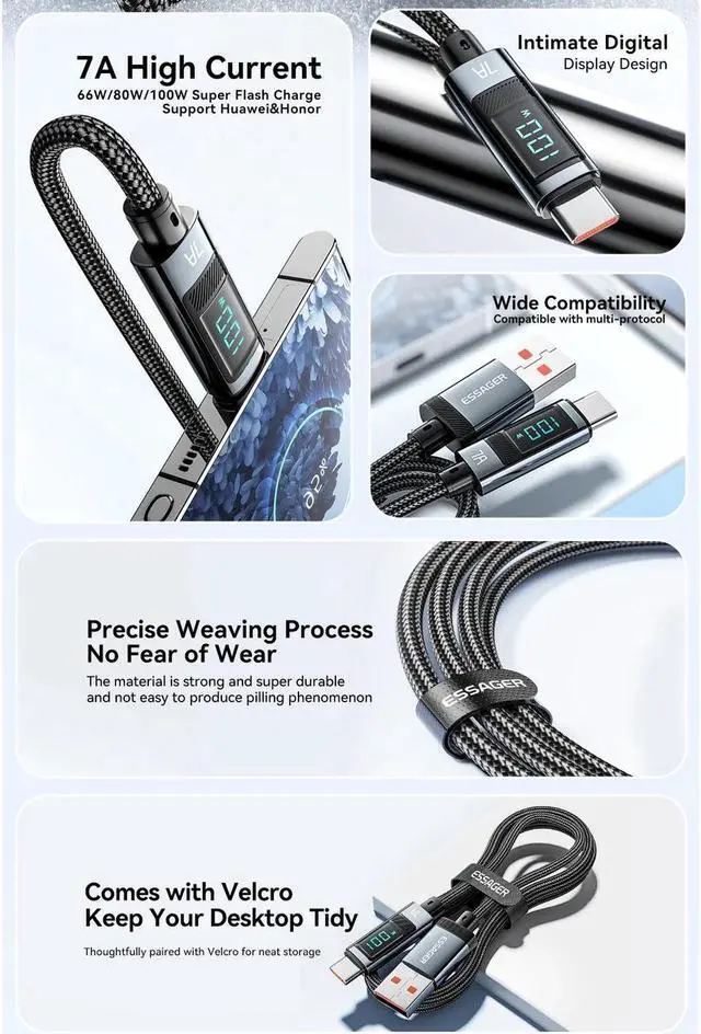 Alt view image 2 of 7 - USB A to USB C Cable [3.3ft, 1-pack], 7A 100W Fast Charging USB C Cable, Nylon Braided Type C Cable for Samsung S21 S20 Note 20 MacBook Pro Google Pixel etc