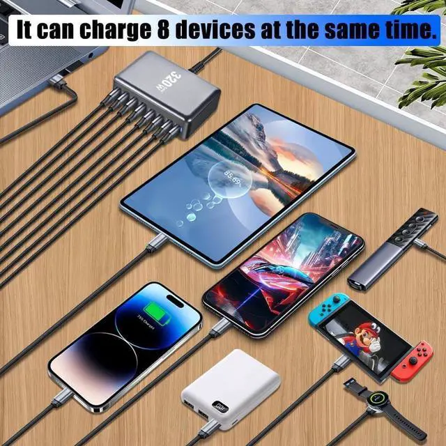 Alt view image 3 of 7 - GaN 320W 8-Port USB-C USB-A Charger QC3.1 PD3.1 Type C Fast Charging Mobile Phone Charging Station GaN Tech Laptop USB C Power Adapter Block for Mobile Phones Tablet