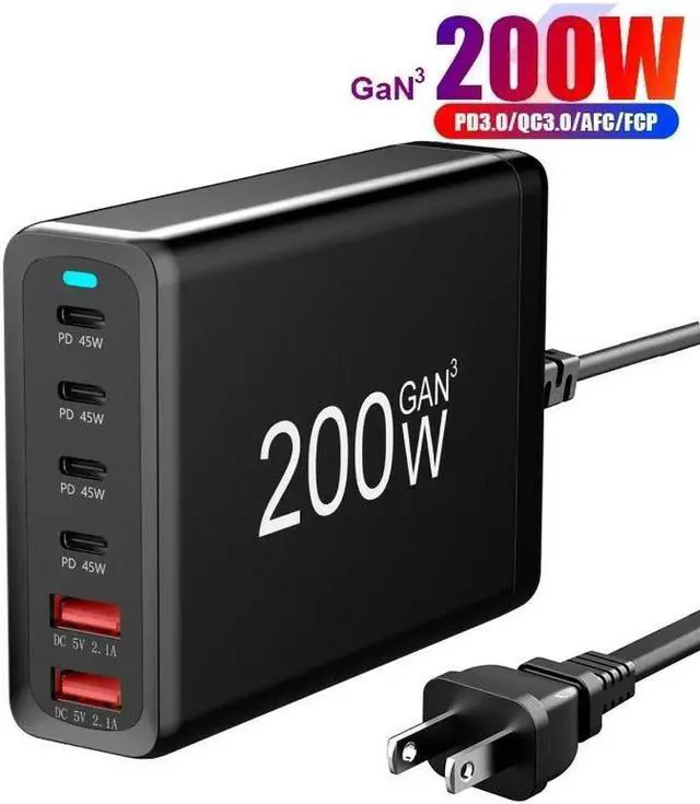 Main image of GaN 200W Fast Charger 6-Port USB A/C Charger QC3.0 PD3.0 Quick Charge for MacBook Pro/Air, Dell XPS,iPhone 15 Pro Cell Phone Charger Desk Charger Adapter