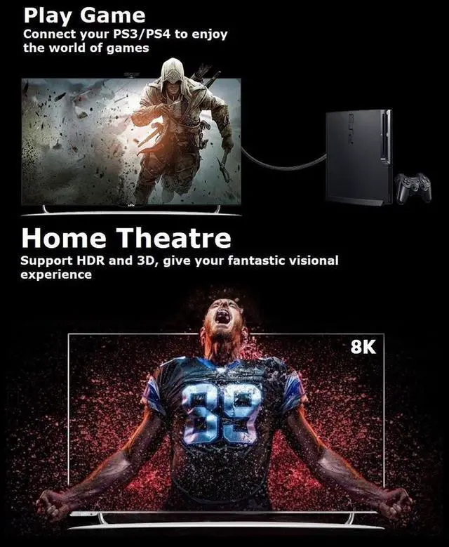 Alt view image 3 of 7 - 8K HDMI Cable, HDMI 2.1 Support 8K 60Hz Ultra HD, Dynamic HDR, High Speed 48Gbps, Dolby Vision, eARC, Compatible for Xbox One, Nintendo Switch, Samsung TV, Roku, PS4, Nylon Braided, 10 Feet