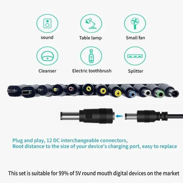 Alt view image 3 of 4 - Universal USB to 5V DC Power Cord Charging Cable 5.5x2.1mm Jack With 12 Interchangeable Plug Adapter Mini Micro USB