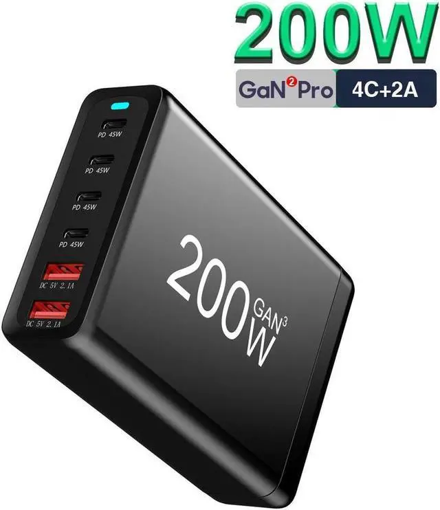 Main image of 6-Port USB C Charging Station, Charger GaN 200W, QC3.0 PD3.0 Fast Compact Desk Charger for MacBook Pro/Air, Dell XPS,iPhone 15 Pro,ipad pro,Galaxy S23,Pixel 7