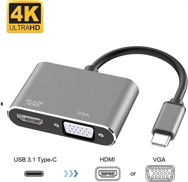 Main image of USB C to HDMI VGA Adapter, 2 in 1 Type C Thunderbolt 3 to 4K HDMI+1080P Adapter Compatible with MacBook Air ipad Pro Pixels Dell XPS Matebook Galaxy Note Huawei HTC More+