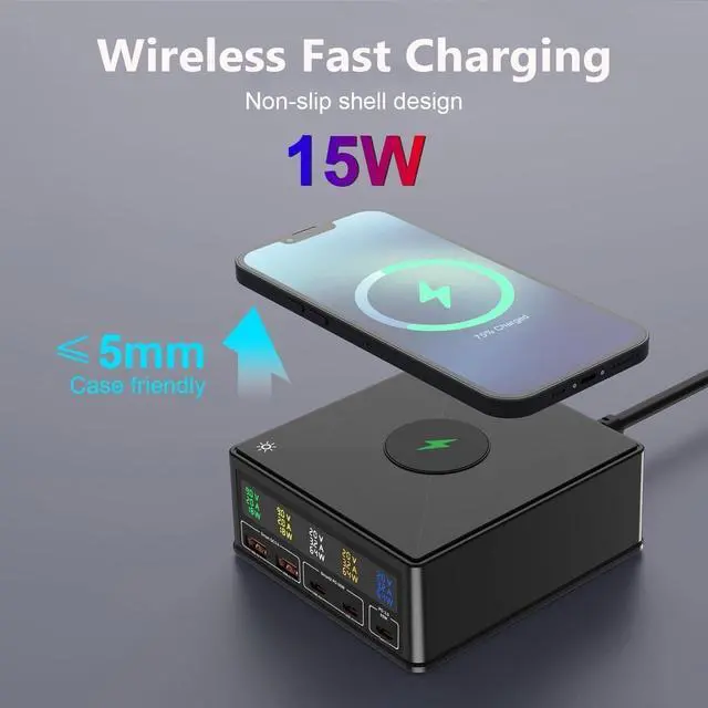 Alt view image 2 of 7 - LCD Display Charging Station for Multiple Devices,160W 5 Port Charger Station with 3USB-C, 2USB-A, 15W Wireless Charging ,Compatible with Cellphone,Tablet, Kindle, iPhone iPad and More