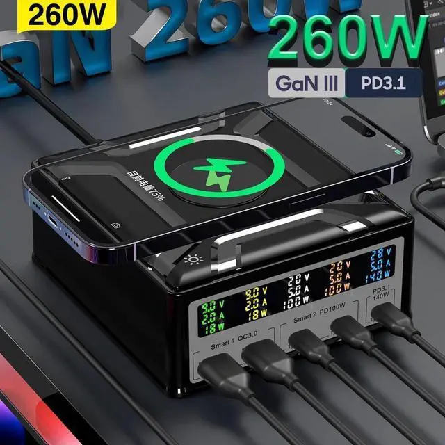 Main image of 260W Charging Station with Wireless Charging, 5-Port USB Charging Station, Desktop Laptop Charger Portable USB-C Power Adapter for iPhone iPad Tablets Smartphones, Home Office