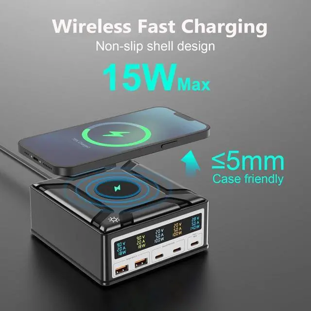 Alt view image 7 of 7 - 260W Charging Station with Wireless Charging, 5-Port USB Charging Station, Desktop Laptop Charger Portable USB-C Power Adapter for iPhone iPad Tablets Smartphones, Home Office