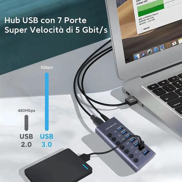 Alt view image 4 of 7 - 7-Port Powered USB 3.0 Hub 36W with 7 USB 3.0 Data Ports, Aluminum USB Splitter for Laptop/PC, work for Mouse, Keyboard, Hard Drive or More USB Devices