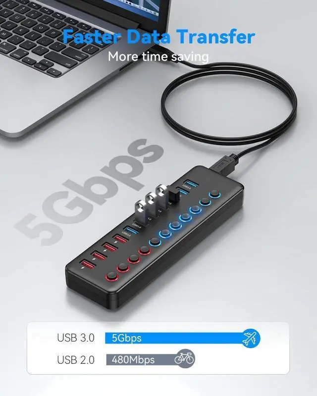 Alt view image 3 of 7 - 11 Ports Powered USB3.0 Hub, 7 Ports Super High Speed Data Ports + 4 Smart Charging Ports, USB Splitter with Individual On/Off Switches and 12V Power Adapter for PC, Laptops, MacBook Pro/Air, iMac