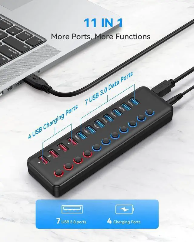 Alt view image 6 of 7 - 11 Ports Powered USB3.0 Hub, 7 Ports Super High Speed Data Ports + 4 Smart Charging Ports, USB Splitter with Individual On/Off Switches and 12V Power Adapter for PC, Laptops, MacBook Pro/Air, iMac