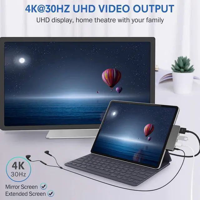 Alt view image 2 of 7 - USB C Hub, 4 in 1 USB C Adapter with 4K USB C to HDMI, PD Charging Port, USB3.0 Port, Audio Jack Port, for 2018 IPad Pro, Microsoft Surface Go, and Other USB C Tablets (Silver)