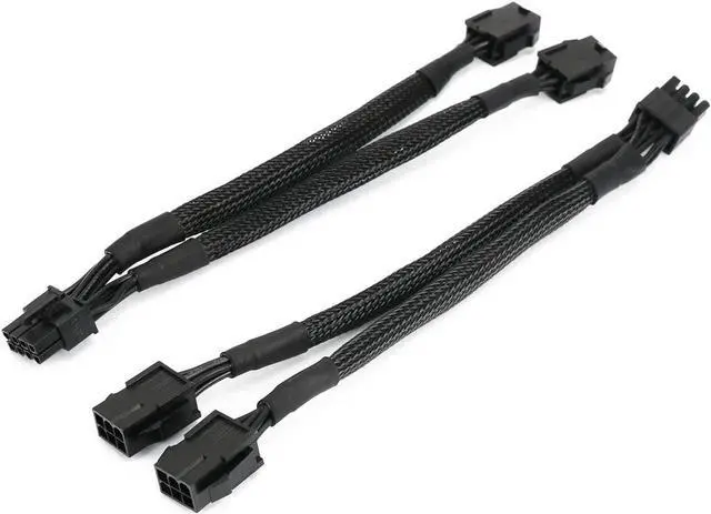 Main image of Connectors A- standard PCIe 8 male; Connectors B - standard 2 x 6 pin female;
Cable allows use of older power supply with newer graphics cards ;
Converts two 6-pin PCIe power cables (power supply) int