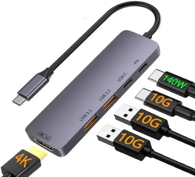 Main image of 5-Port USB 3.2/USB C Hub with 2*10Gbps USB-A 3.2, 10Gbps USB-C 3.2,4K@60Hz HDMI, 140W Power Delivery, Aluminum USB Splitter for Chromebook Surface Pro iMac PS4 Laptop Xbox Flash Drive Laptop/PC