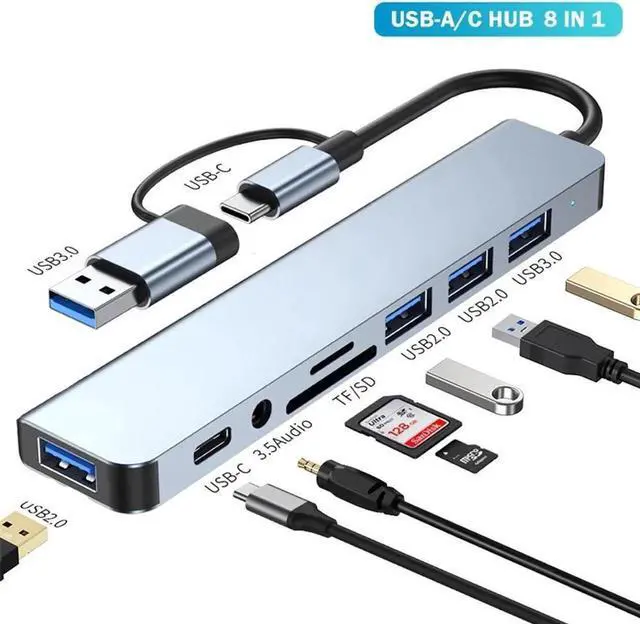 Main image of USB C Hub, 8 in 1 USB-C Multiport Adapter with 100W Power Delivery, USB 3.0 Ports/3 x USB 2.0, SD/TF Card Reader,3.5mm Audio for MacBook Pro/Air, iMac, iPad Pro, XPS, and More PC/Laptop/Tablet Devices