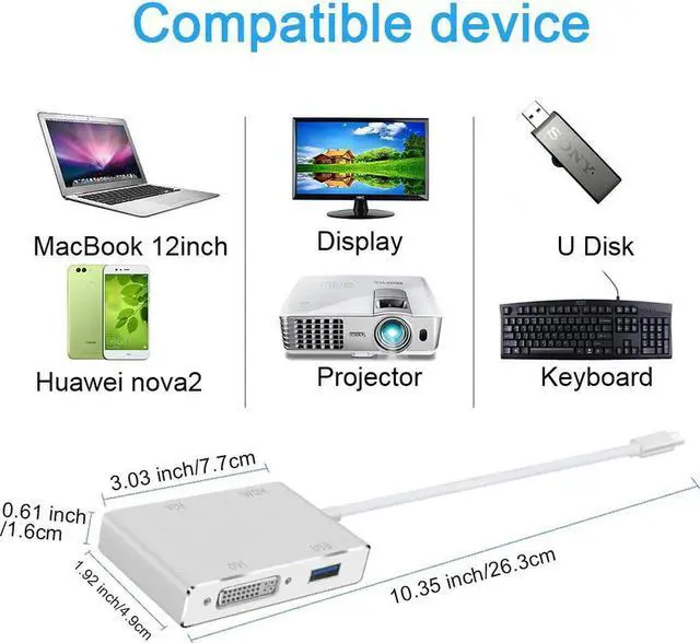 Alt view image 4 of 7 - USB C to HDMI+DVI+VGA+USB 3.0, USB 3.1 USB-C to HDMI DVI 4K VGA USB Adaptor Converter (Thunderbolt 3 Compatible) for 2016/2017/2018 MacBook/MacBook Pro and More