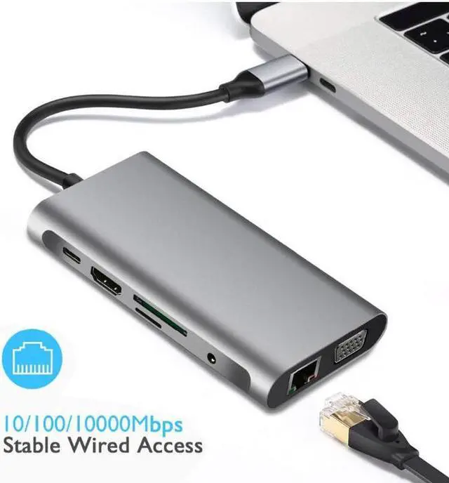 Alt view image 3 of 7 - USB C Hub, USB C Adapter,10 in 1 Thunderbolt 3 hub 1000M RJ45 Ethernet, 4K HDMI, VGA, 3USB 3.0 Ports, PD Charging Port, Card Reader, Audio Mic Port MacBook, Chromebook More