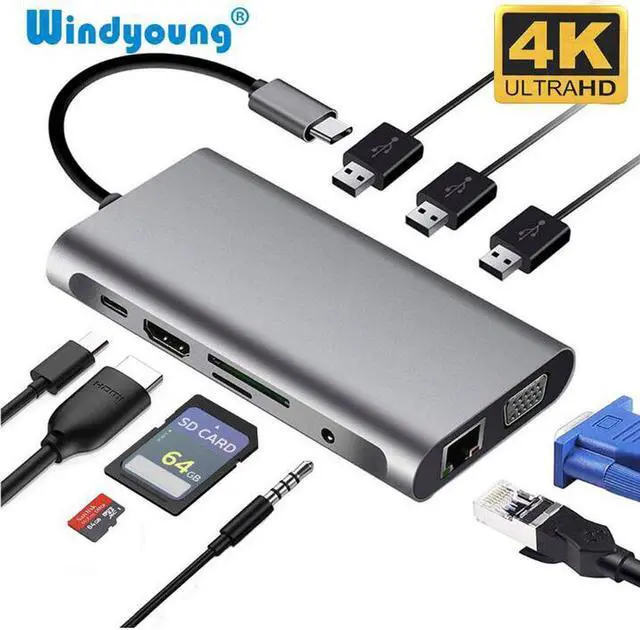 Main image of USB C Hub, Upgraded 10 in 1 USB Type C Adapter with Gigabit Ethernet Port,PD Type C Charging Port,4K HDMI,VGA,SD TF Card Reader,3 USB Ports and Audio Port Compatible for MacBook,USBC Laptop