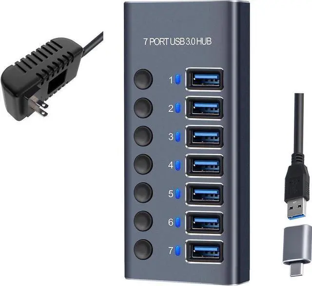 Main image of 7-Port USB 3.0 Hub with Power Adapter - USB-A Hub with Individual On/Off Switches - [Durable Aluminum] - High Speed USB 3.0 (5Gbps) - (5Gbps) Hub