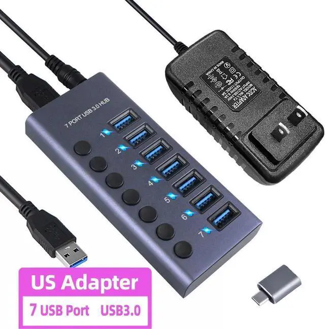Main image of Powered USB Hub 3.0, 7-Port USB 3.0 Hub [Durable Aluminum] 7 Data Transfer Ports with Individual On/Off Switches, USB Hub 3.0 Powered with Power Adapter for Laptop PC