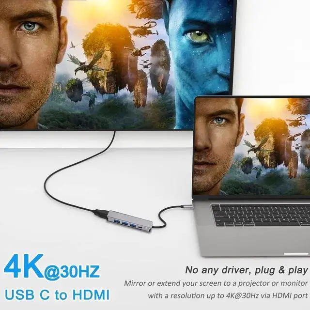 Alt view image 5 of 7 - USB C Hub, 5 in 1 USB-C Splitter Thunderbolt 3 Hub to 4K HDMI Adapter for MacBook, USB 3.0 Port, 2*USB 2.0 Port, 100W PD, Type C Dongle Compatible with MacBook Pro Air