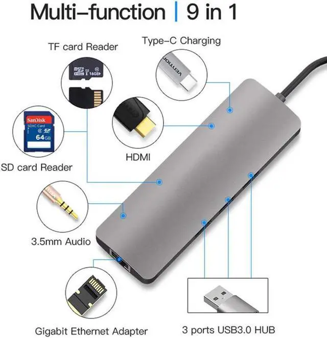 Alt view image 3 of 7 - USB C Hub, 9 in 1 USB Type C Hub Adapter Ethernet Port, 4K USB C to HDMI, 3 USB 3.0 Ports, 60W USB C Power Delivery Charging, SD/TF Card Reader, Audio/Mic for MacBook Pro Air, Chromebook Pixel Laptop