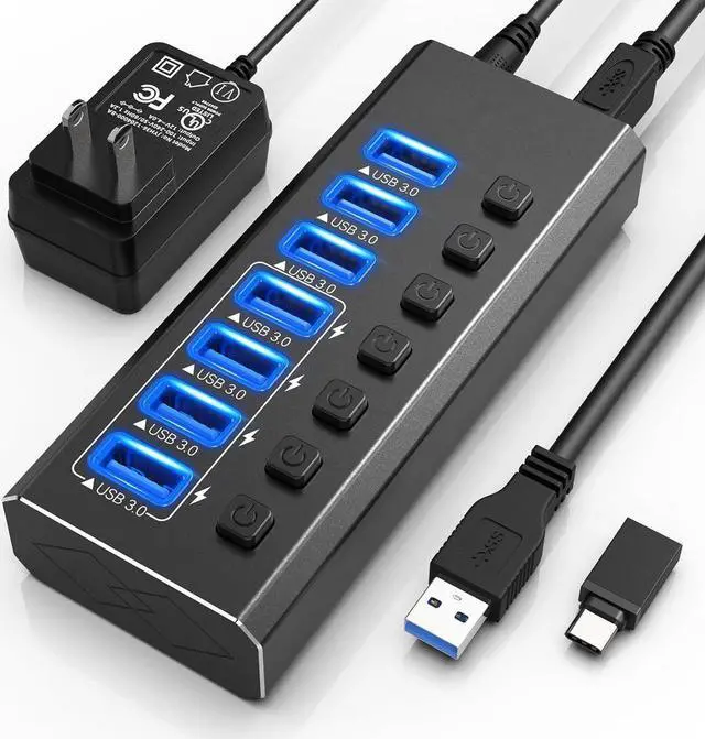 Main image of Powered USB Hub, 7-Port USB 3.0 Hub Splitter (7 USB 3.0 Data Ports with 4 Smart Charging ) with Individual LED On/Off Switches, USB Hub 3.0 Powered with 24W AC Adapter for Mac, PC