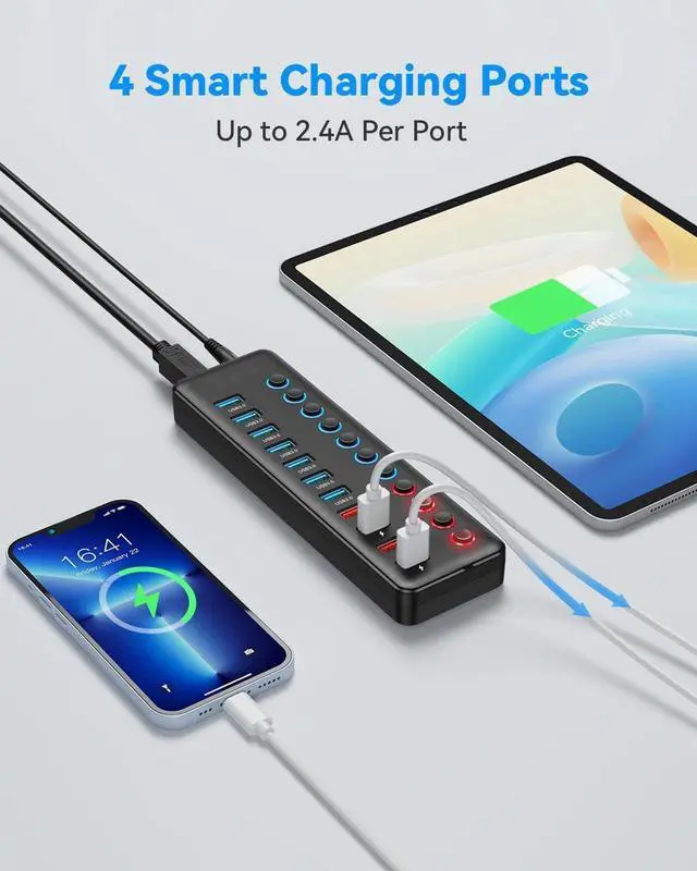 Alt view image 3 of 7 - Powered USB Hub, 11-Port USB 3.0 Hub Splitter (7 USB 3.0 Data Ports + 4 Smart Charging Ports ) with Individual LED On/Off Switches, USB Hub 3.0 Powered with 24W AC Adapter for Mac, PC