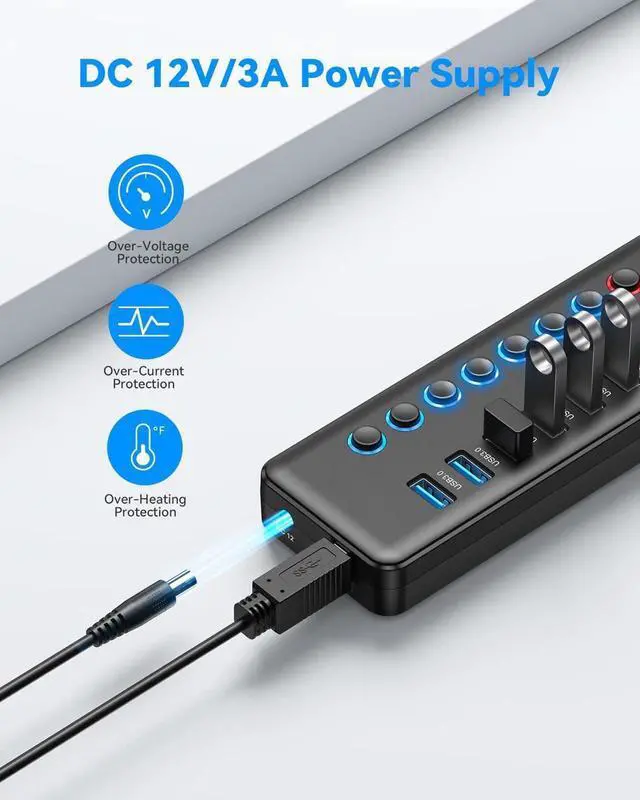 Alt view image 6 of 7 - Powered USB Hub, 11-Port USB 3.0 Hub Splitter (7 USB 3.0 Data Ports + 4 Smart Charging Ports ) with Individual LED On/Off Switches, USB Hub 3.0 Powered with 24W AC Adapter for Mac, PC