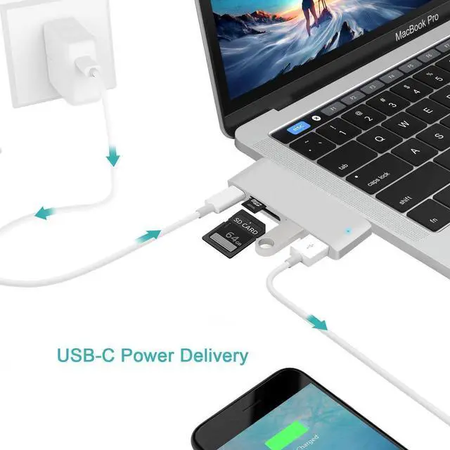 Alt view image 6 of 7 - USB C Hub Adapter. 5 in 1 Type-C Adapter with Aluminum Shell, SD + Micro SD Card Reader + 2 USB 3.0Port + USB-C Power Delivery Port for MacBook Chromebook Pixel Surface Pro -Silver
