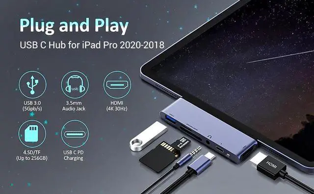 Alt view image 3 of 7 - 6 in 1 USB C Hub for iPad Pro 2020 - 2018, USB C Hub for iPad Pro, MacBook Pro 16", 15" 13". 4K HDMI, 3.5mm Jack, Micro SD / SD Card Reader, USB 3.0, USB C 60W PD