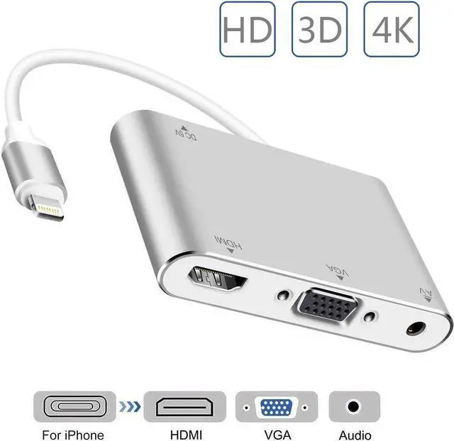 Main image of HDMI VGA AV Adapter Converter, Acetend 2019 Latest Version 4 in 1 Plug and Play Digtal AV Adapter for iPhone X / 8 / 8Plus/7/7Plus/6/6s/6s Plus/5/5s iPad iPod to Projector HDTV (Silver)