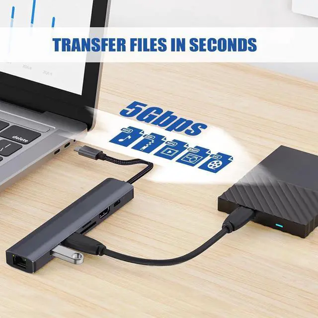Alt view image 2 of 7 - USB Hub, 7-in-1 USB to 1Gbps LAN Network HUB with 4K HDMI, 2*USB3.0, , SD/TF Card Readers, 100W PD USB Aluminum Extension for Laptop, iMac, PC, USB Flash Drives etc