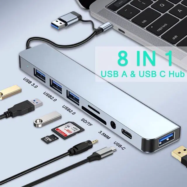 Alt view image 4 of 7 - USB A Type C Docking Station, 8 in 1 Hub with 100W DP, USB3.0, 3 USB 2.0, SD/TF Card Reader 3.5mm Audio, USB-C Adapter for MacBook Pro/Air, and Other USB C Laptops