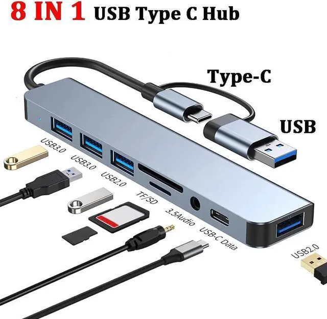 Main image of USB A Type C Docking Station, 8 in 1 Hub with 100W DP, USB3.0, 3 USB 2.0, SD/TF Card Reader 3.5mm Audio, USB-C Adapter for MacBook Pro/Air, and Other USB C Laptops