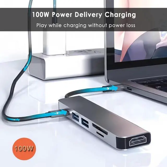 Alt view image 4 of 7 - USB C Hub, 6 in 1 USB C to HDMI Splitter, 5Gbps USB3.0 Data Port, USB 2.0, 4K HDMI Port, PD 100W Charging, SD/TF Card Reader, for iPad Pro MacBook Pro Laptops and More