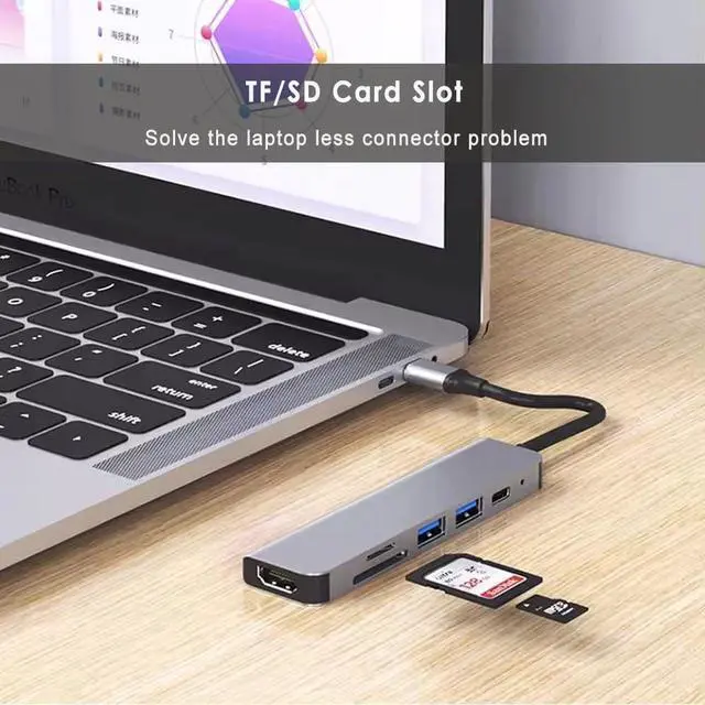 Alt view image 5 of 7 - USB C Hub, 6 in 1 USB C to HDMI Splitter, 5Gbps USB3.0 Data Port, USB 2.0, 4K HDMI Port, PD 100W Charging, SD/TF Card Reader, for iPad Pro MacBook Pro Laptops and More