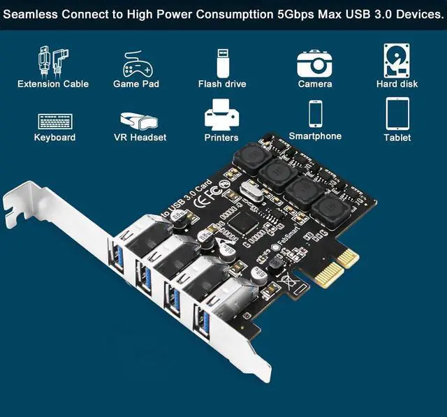 Alt view image 6 of 6 - 4 Ports PCI-E to USB 3.0 HUB PCI Express Expansion Card Adapter 5Gbps for Motherboard
