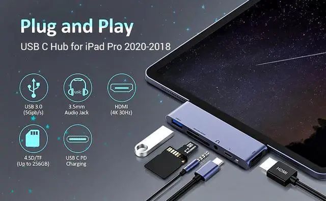 Alt view image 7 of 7 - USB C Hub Adapter for iPad Pro 2020 2019 2018 11/ 12.9", USBC Smartphone/Tablet, 6-in-1 USB-C Hub Dongle with 4K@30Hz HDMI HDR, USB 3.0, 3.5mm Audio and 60W PD, SD/Micro Card Reader