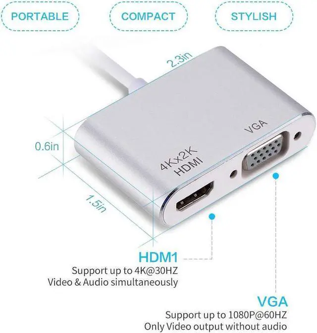 Alt view image 2 of 7 - Aluminum USB C to HDMI VGA Adapter for Surface Pro 7, MacBook Pro, Dell XPS 13, and More - Thunderbolt 3 Port Compatible, Silver