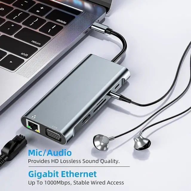 Alt view image 4 of 7 - Aluminum 11 in 1 USB C Hub with 4K HDMI, VGA, 1000Mbs RJ45,USB port, TF/SD Card Reader, 3.5mm Portable USB Splitter Adapter for Laptop, PS4, Flash Drive, HDD,Xbox, Printer, Mouse, Keyboard