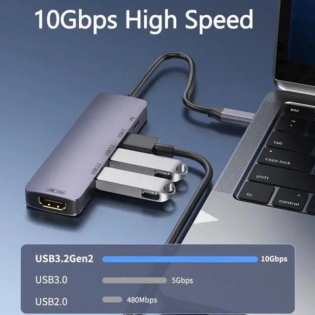 Alt view image 3 of 7 - 5-in-1 USB 3.2 10Gbps Hub with 2 USB A 3.2 Ports, USB C 3.2 Gen 2, 4K@60Hz HDMI, 140W Power Delivery, USB Splitter, for MacBook Air/Pro, iPhone 15, iPad Pro, Surface and More