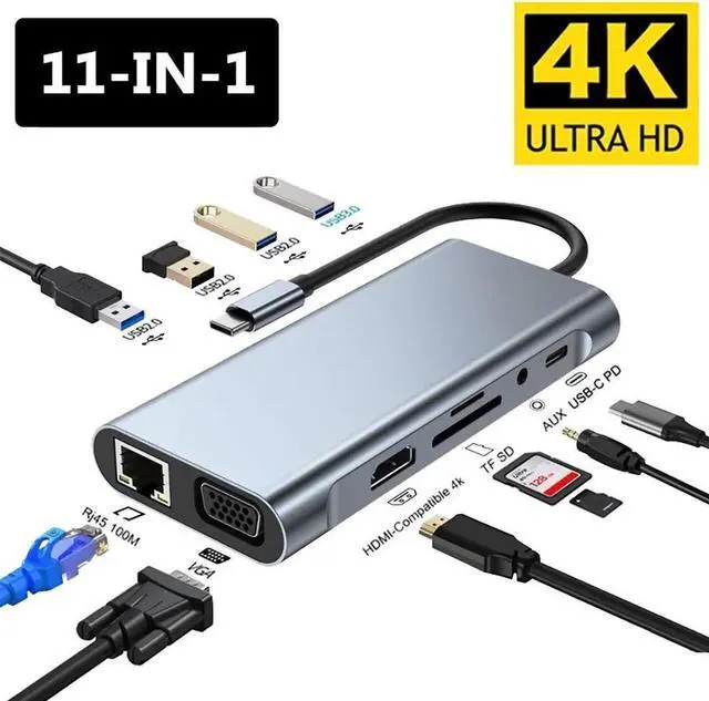 Main image of Aluminum 11 in 1 USB C Hub with HDMI, VGA, RJ45,USB port, TF/SD Card Reader, 3.5mm Ultra Slim Portable USB Splitter Adapter for Laptop, PS4, Flash Drive, HDD, Xbox, Printer, Mouse, Keyboard