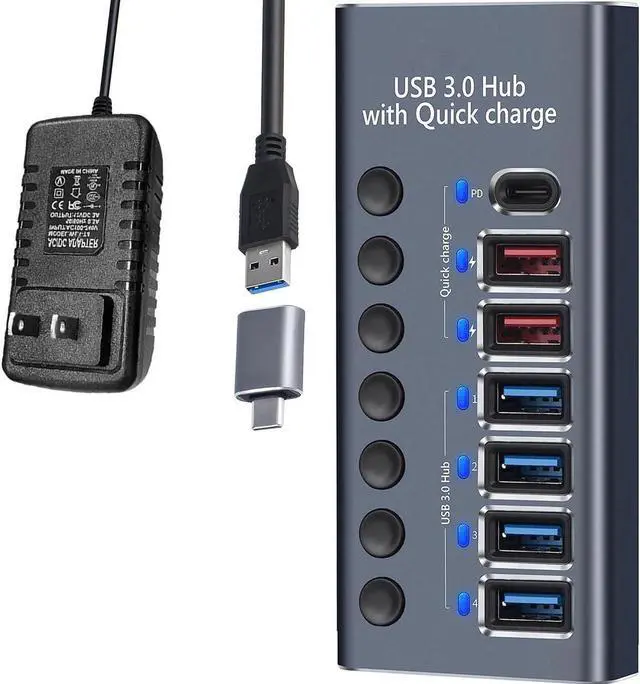 Main image of 7-Port USB 3.0 Hub with Power Adapter - 4 USB 3.0 Data Transmission Ports + 2 Smart Charging Ports + 1 PD Charging Port - [Durable Aluminum] - High Speed USB 3.0 (5Gbps) - (5Gbps) Hub