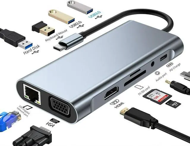 Main image of 11 in 1 USB C Hub Docking Station with 4K HDMI, VGA, RJ45, USB 3.0, 3*USB 2.0 Ports, 100W USB-C PD, 3.5mm Aux Ports for MacBook/Laptops and More Devices, HDD, Xbox, Printer, Mouse, Keyboard