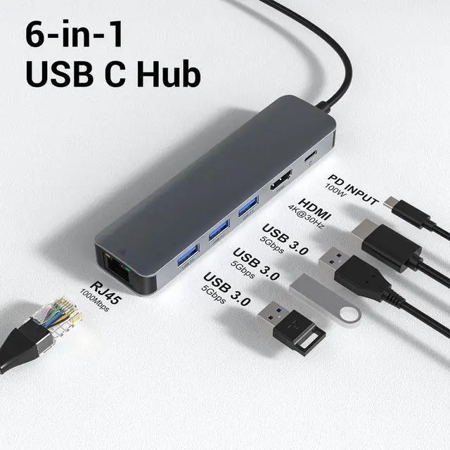 Main image of USB C to Ethernet Adapter, 6 in 1 USB C Multiport Hub with Rj45 1000 Mbps, 3 x USB 3.0 Ports, 100W PD, 1Gbps LAN, 4K HDMI Video Output Compatible with MacBook Air/Pro,iMac, iPad Pro, Chromebook