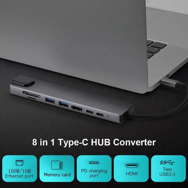 Alt view image 3 of 7 - USB C Hub, 8-in-1 Type C Adapter Mini Docking Station with 4K 30Hz HDMI, 100M Ethernet, 2 USB 3.0, SD/TF Card Reader, 87W Power Delivery, Type-C Port for MacBook Pro and More