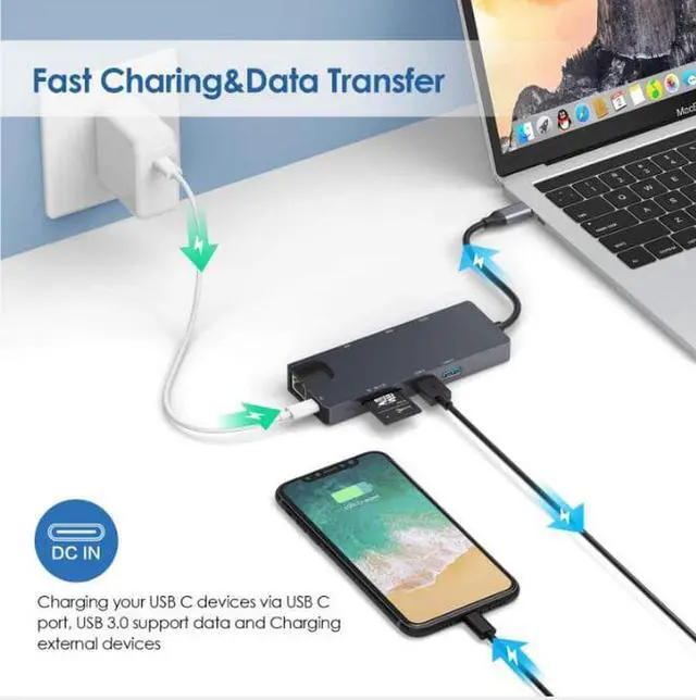 Alt view image 3 of 7 - Type C 8 In 1 Hub with Ethernet RJ45, 4K USB C to HDMI, VGA, 2*USB3.0, SD/TF Card Reader,PD Charge Port for MacBook Pro 2019/2018, iMac 2017, Huawei MateBook, Chromebook Pixel and USB C Devices