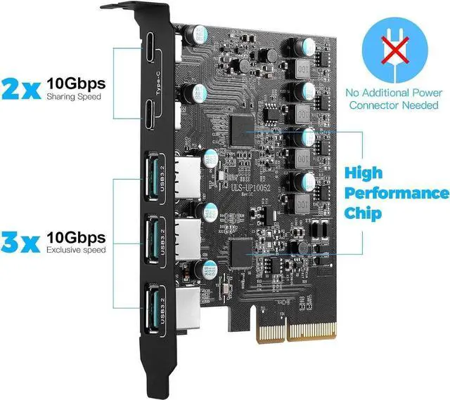 Alt view image 5 of 7 - 5Port USB 3.2 PCIE Expansion Card, 10Gbps High Speed Transmission Stable Power USB 3.2 Front Expansion Card, 5 External USB3.2 Ports (2X USB C - 3X USB A)