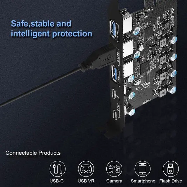 Alt view image 2 of 7 - 5 Port PCIE Expansion Card, USB3.0 5Gbps High Speed Transmission Stable Power USB 3.0 Front Expansion Card, 5 External USB3.0 Ports (2X USB C - 3X USB A)