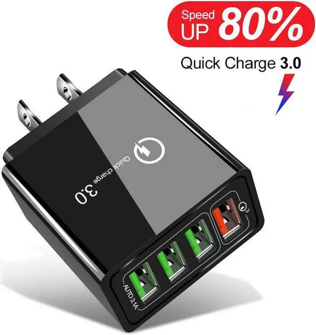 Main image of Quick Smart QualComm Charge 3.0 4 Port USB Charger USB Fast Charging QC3.0 for Smart Phones, Tables & Other Electronic Devices Wall Adapter, Color: Black, 48W, Led Lights, USA Plug Type -Black