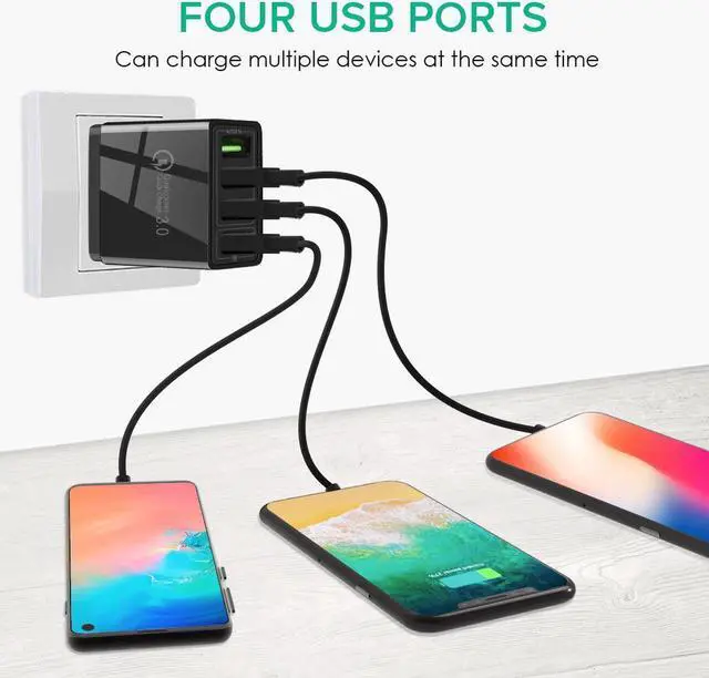 Alt view image 3 of 7 - 4-Port Quick Charge 3.0 USB Wall Charger (3.1A Max.) , Portable 48W QC3.0 USB Charger Power Adapter for iPhone XS/Max/XR/X/8/7/6s/Plus, iPad Pro/Air , iPad, Samsung, LG, HTC, Moto-White